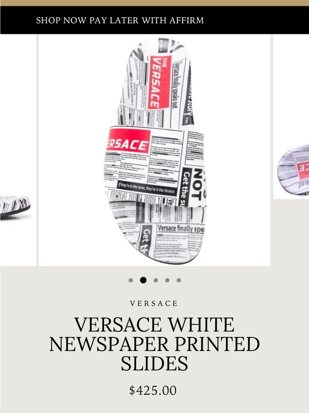 Versace White Newspaper-Print Slides with Red Logo Accent